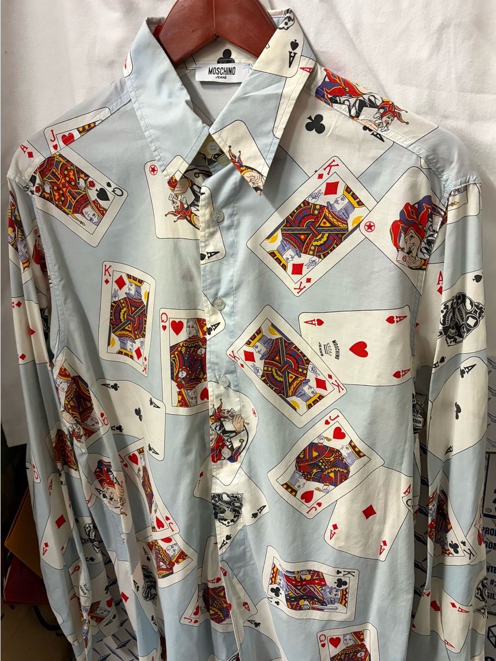 Moschino Light Blue Playing Card Print Men’s Button-Up Shirt
